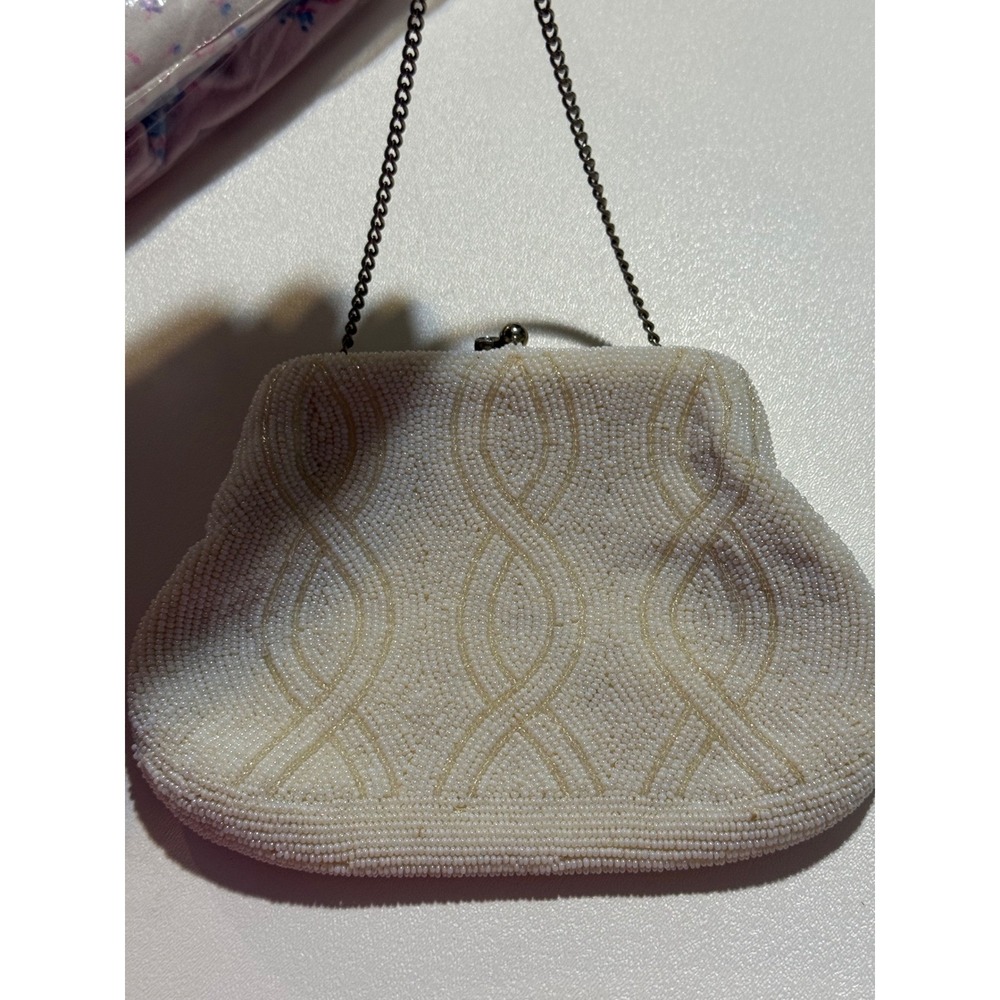 Richere Vintage Beaded Evening Bag Cream Hand Made in Japan Kiss Lock Clutch